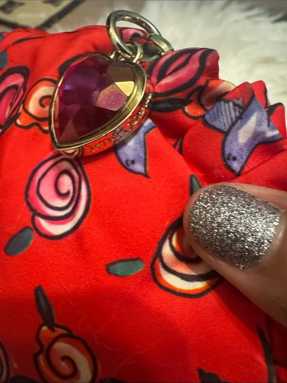 Betsey Johnson Red Ruffled Cosmetic Pouch with Heart Logo